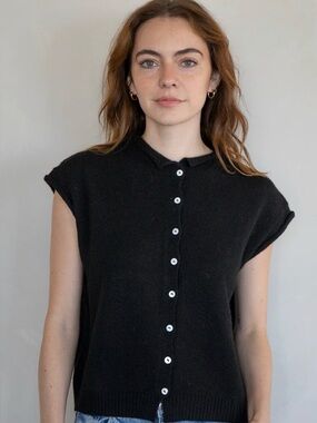 NWT Things Between Piper Black Button-Front Cap Sleeve Knit Top/Vest